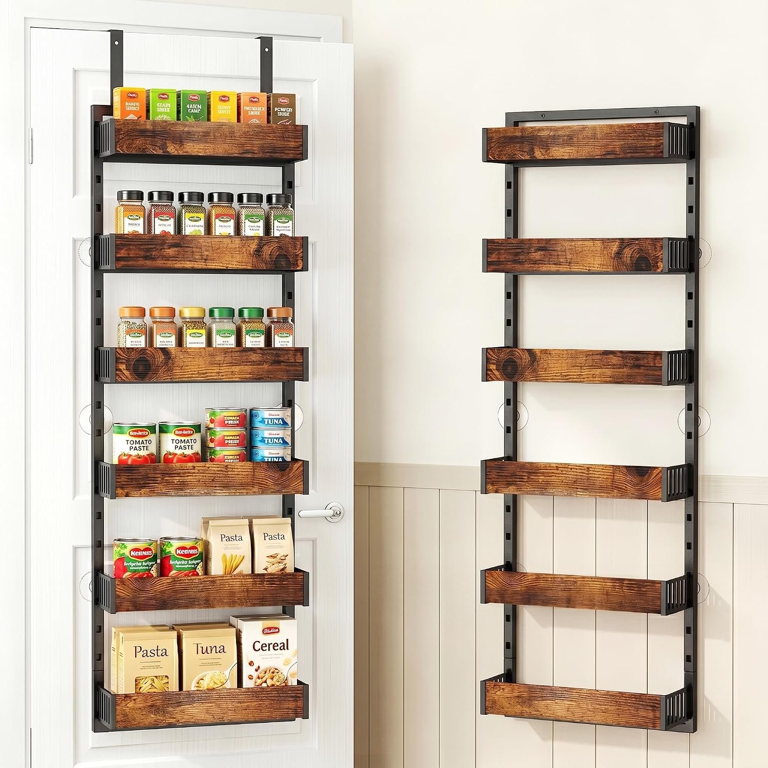 6-Tier Over the Door Pantry Organizer, 2-in-1 Door Hanging or Wall Mounted Spice Rack, Space Saving Metal Storage Shelves with Adjustable Baskets for Kitchen, Closet, Bathroom