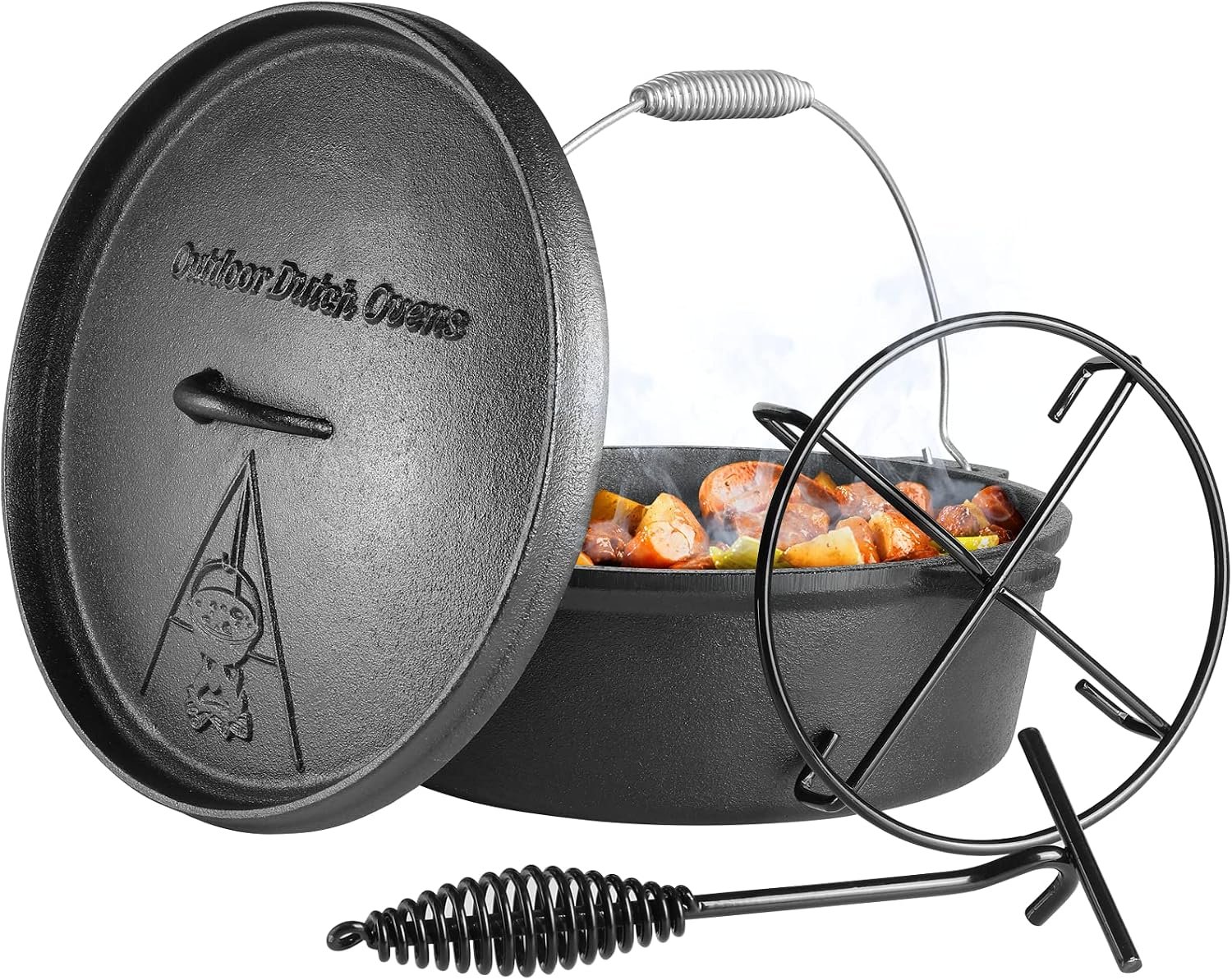 LIFERUN 8 Quart Cast Iron Dutch Oven Pot with Lid | Dutch Oven with Stand & Spiral-shaped Handle, Cast Iron Pot without Feet for Outdoor & Indoor