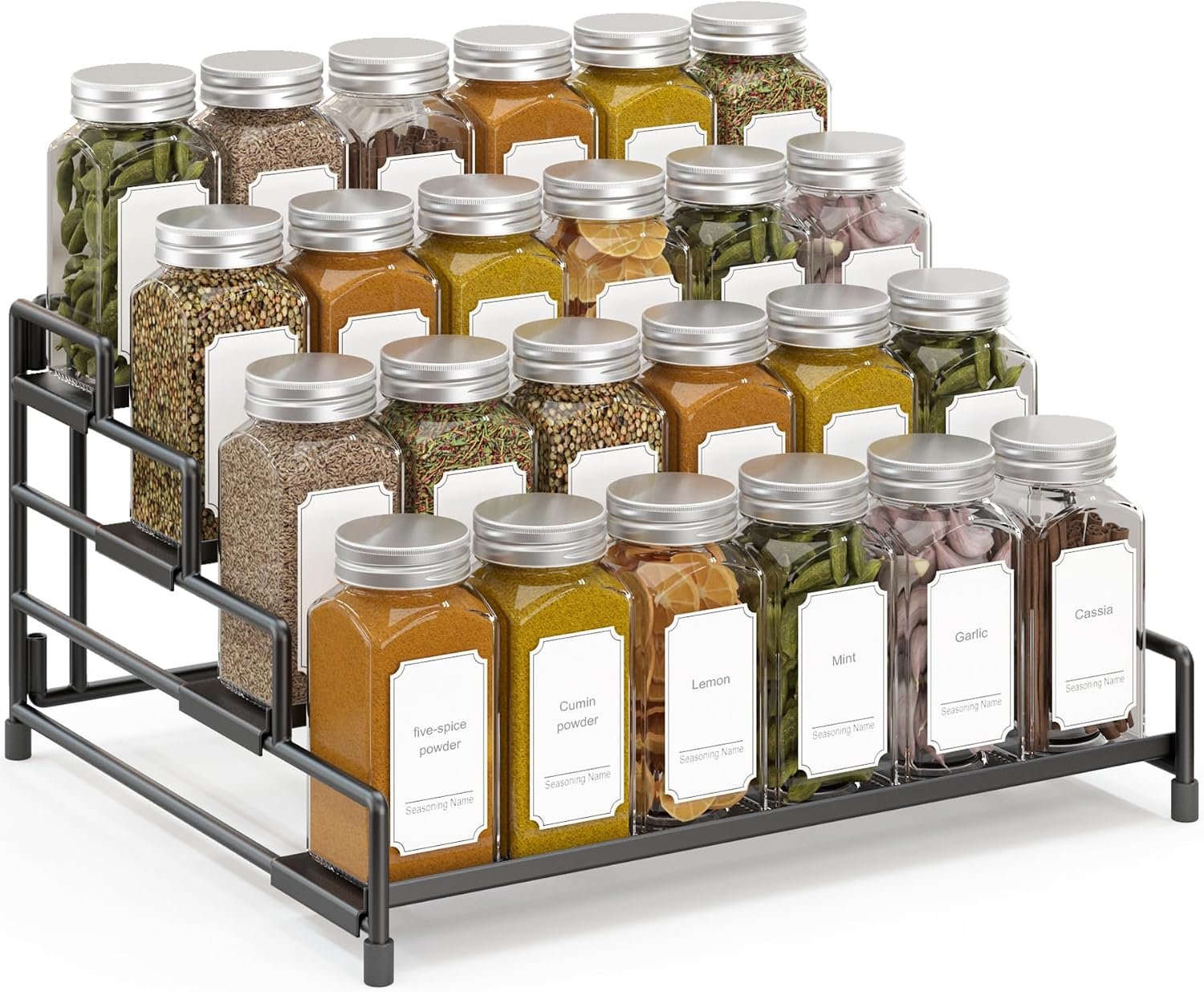 RUILALIFE 4-Tier-Spice-Rack-Organizer-for-Cabinet, Adjustable Depth Spice Holder Shelf For Countertop Pantry Cupboard, Metal Tiered Seasoning Organizer,Display Shelf Riser (Black-1 Pack)