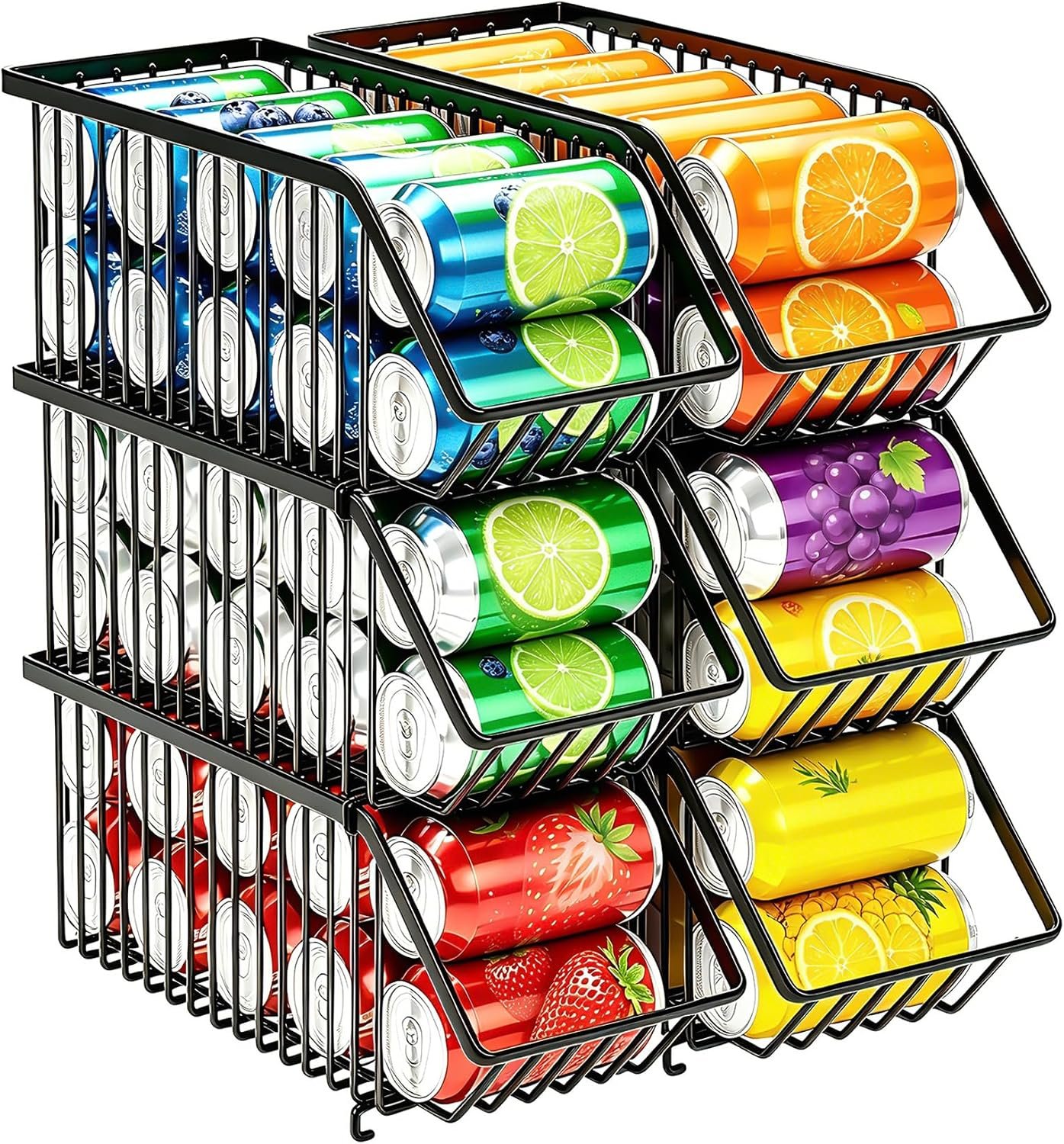Stackable Soda Can Organizer Rack, Stacking Can Dispensers Refrigerator Organizer Bins Pop Soda Dispenser Canned For Fridge, Freezer, Kitchen, Cabinets (Black, 6)