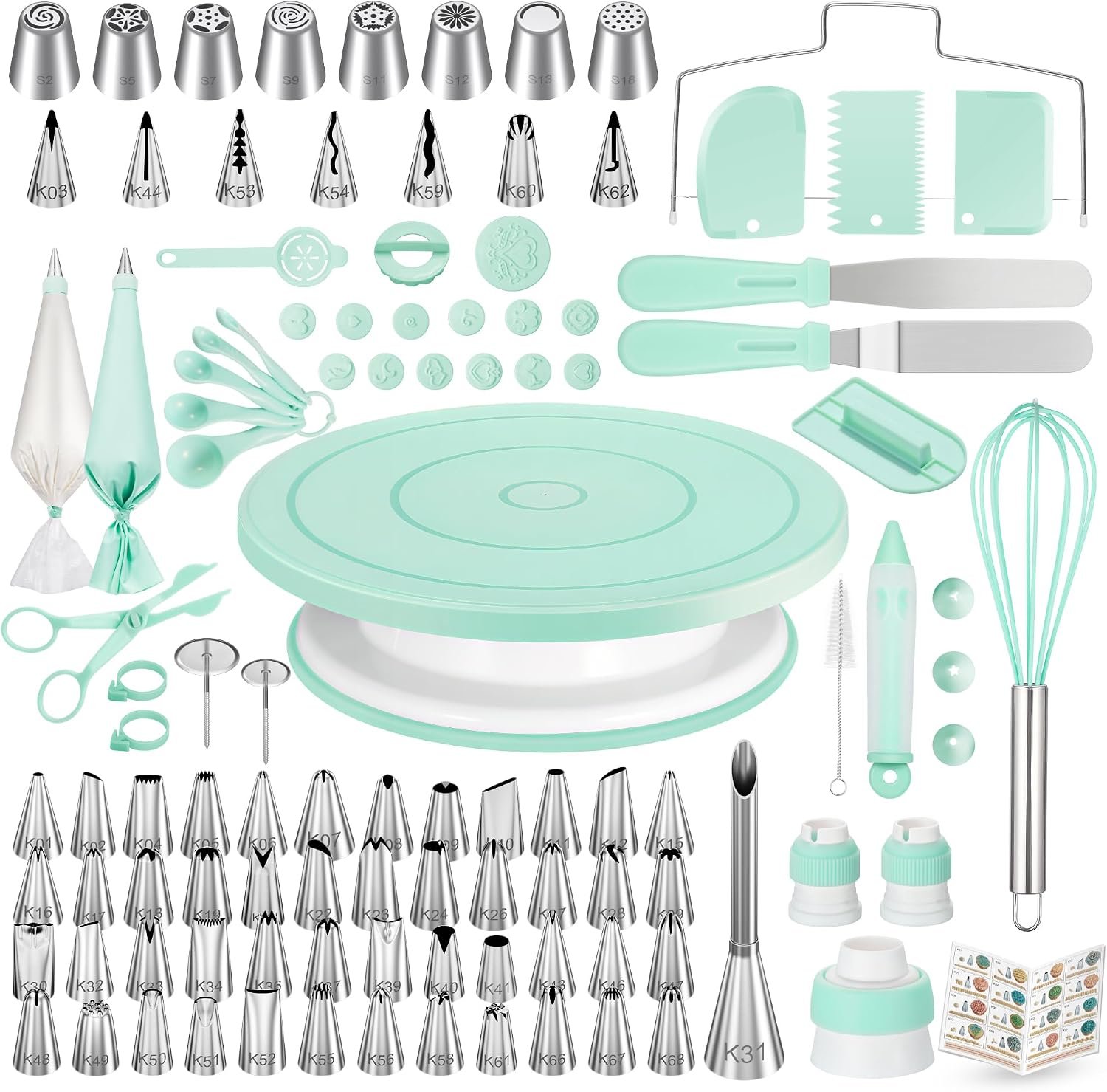 Kootek 158 Cake Decorating Kit Baking Supplies Tools for Beginners & Pros | Cake Stand Turntable, Icing Piping Tips, Disposable Reusable Pastry Bag, Spatulas, Video Tutorial, Pattern Chart