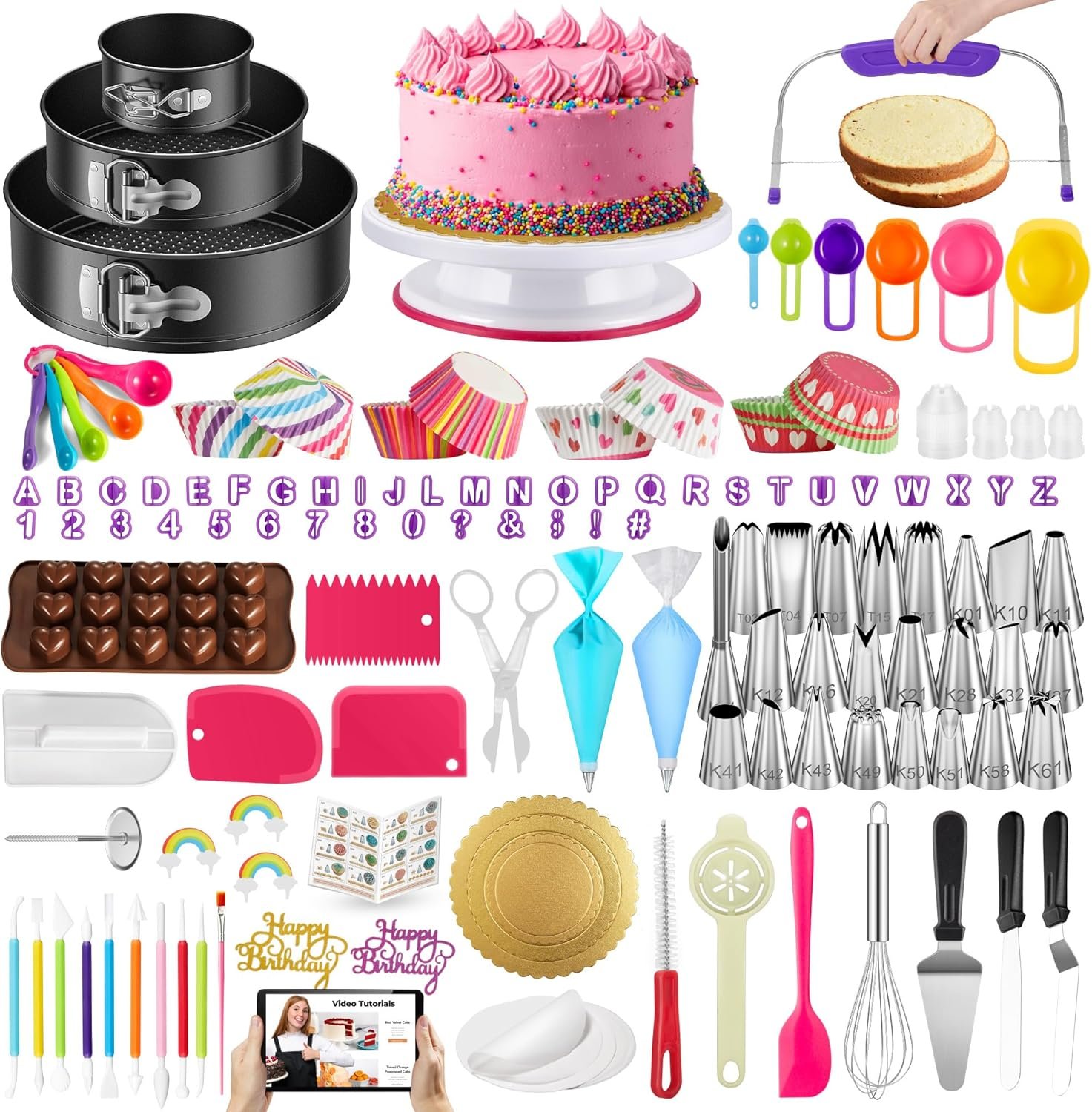 Kootek 700 Cake Decorating Kit Baking Supplies Tools for Beginners & Pros | Complete Kit, Fondant Tools, Cake Stand Turntable for Decorating, Piping Bags and Tips Set, Cake Leveler, Pattern Chart