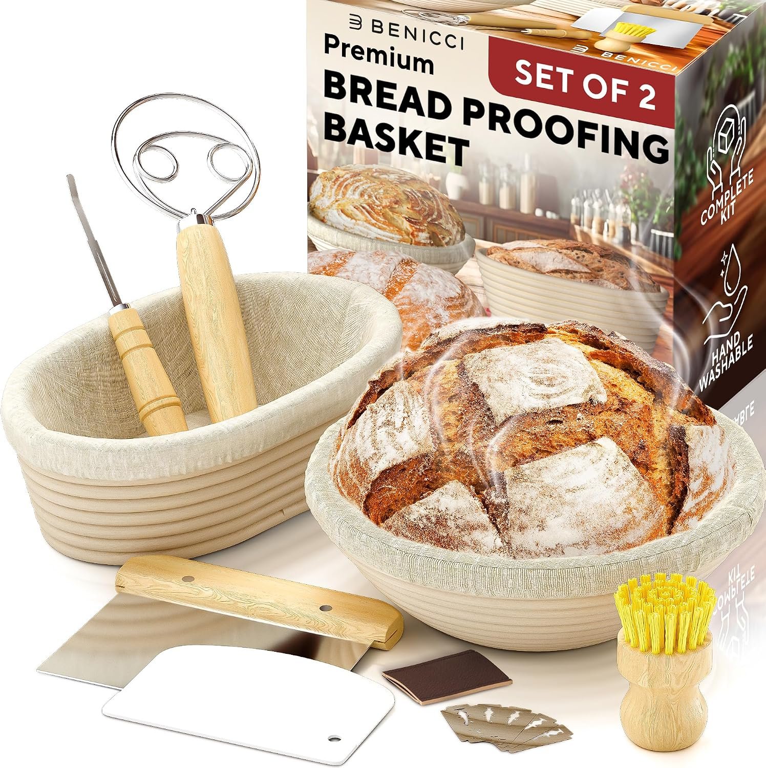 Complete Bread Proofing Baskets Set – Premium Quality Kit for Sourdough Bread Making – Includes 9″ & 10″ Banneton Basket w/All Needed Bread Baking Supplies – Perfect Tools for Baking Enthusiasts