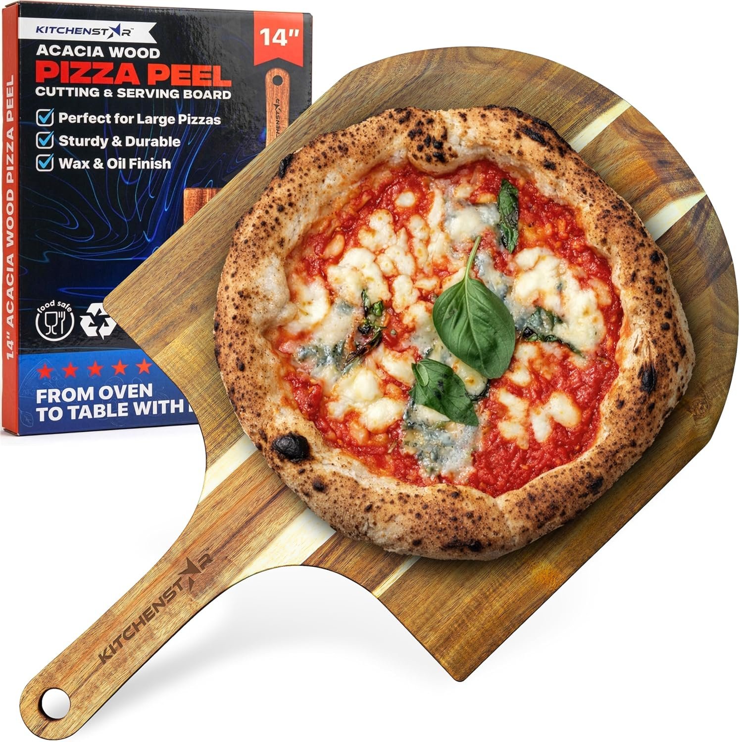 14-Inch Acacia Wood Pizza Peel – Large Wooden Cutting & Serving Board with Handle – Natural Oil Finish – Ideal Pizza Oven Accessory for Easy Sliding & Prep