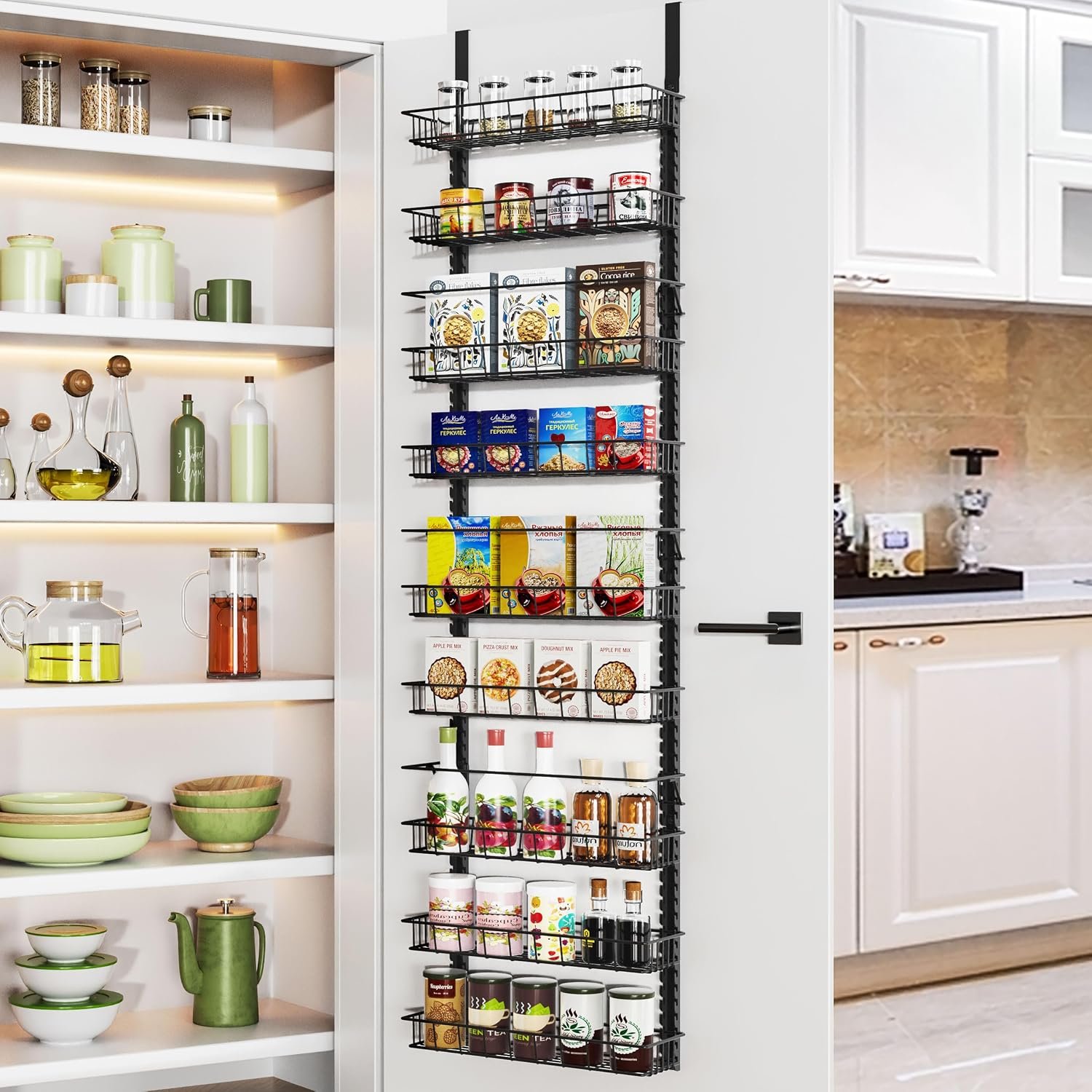 Churboro 9 Tier Over Door Pantry Organizer, 2-in-1 Adjustable Spice Rack | Metal Pantry Door Organizers and Storage, Hanging or Wall Mount Shelves with 9 Adjustable Baskets, 3 Safety Bars, Black