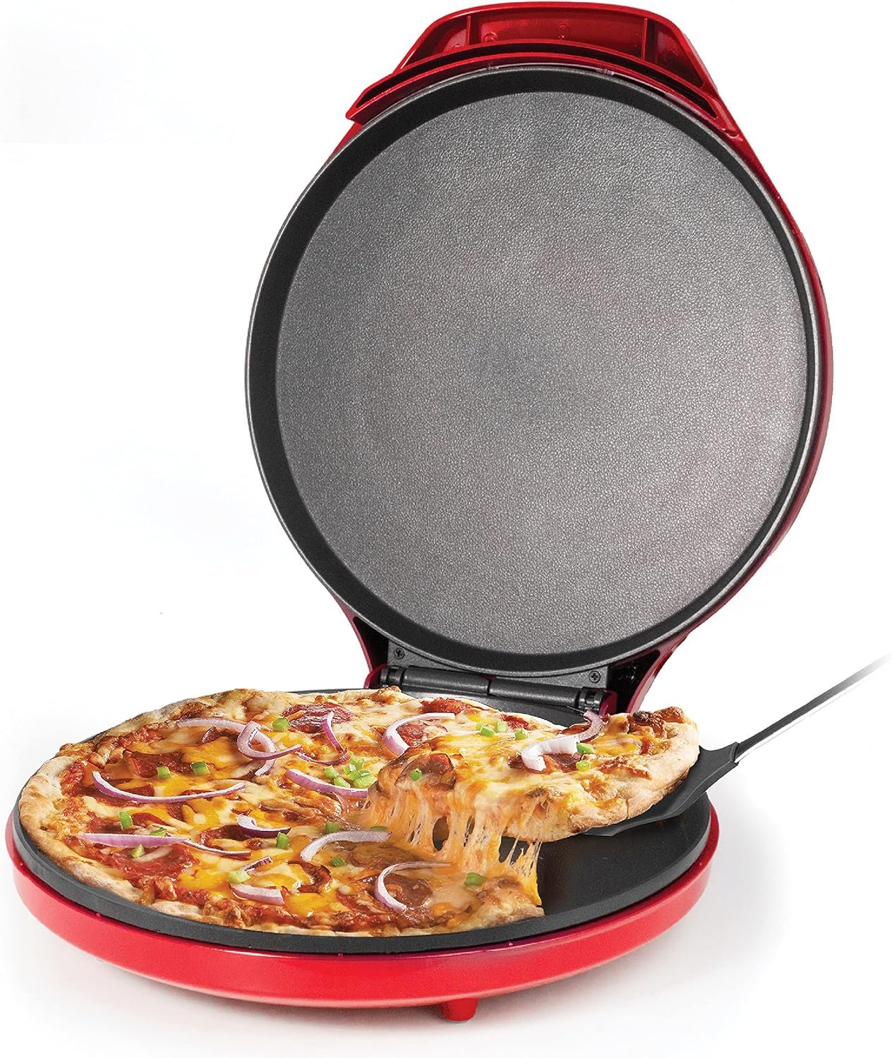 Betty Crocker Pizza Maker Plus, 12″ Indoor Grill, 1440W, BC-2958CR, Red | Nonstick Griddle Pan for Pizzas, Quesadillas, Tortillas, Nachos and more, 12″ Electric Griddle for Delicious Meals