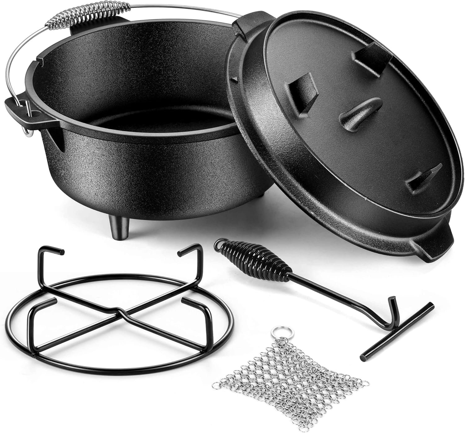 Joyfair Pre-seasoned Cast Iron Camp Dutch Oven with Accessories, 5QT Pot | Open Fire Camping Cookware with 2QT Skillet Lid For Outdoor Campfire Cooking – Baking Sourdough Bread, Oven Safe