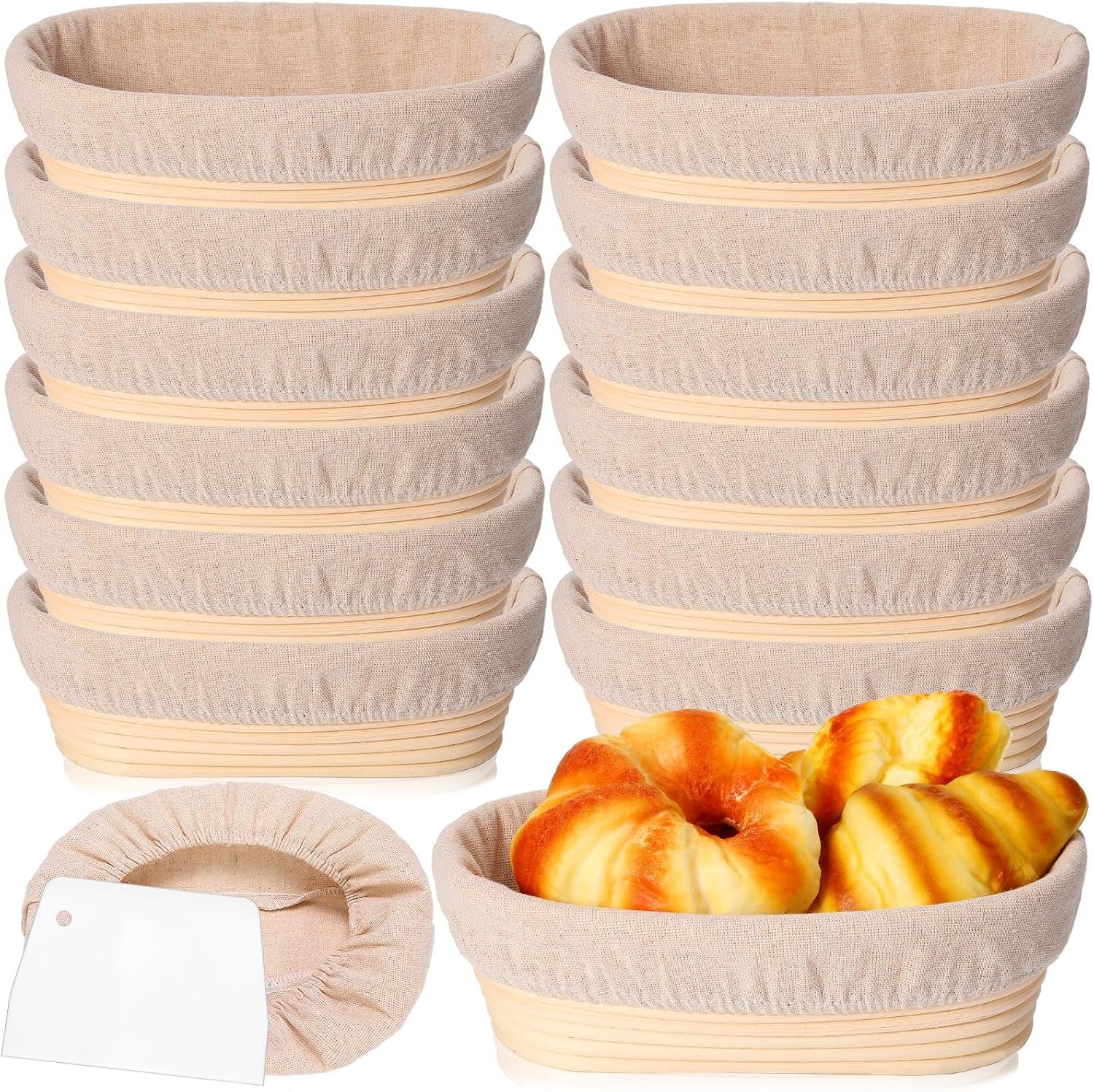 Gejoy 12 Set Bread Proofing Baskets Oval Shaped Banneton Dough Proofing Bowls Kit with Cloth Liner and Plastic Scraper Sourdough Proofing Basket for Home Sourdough Bakers Supplies (10 Inch)