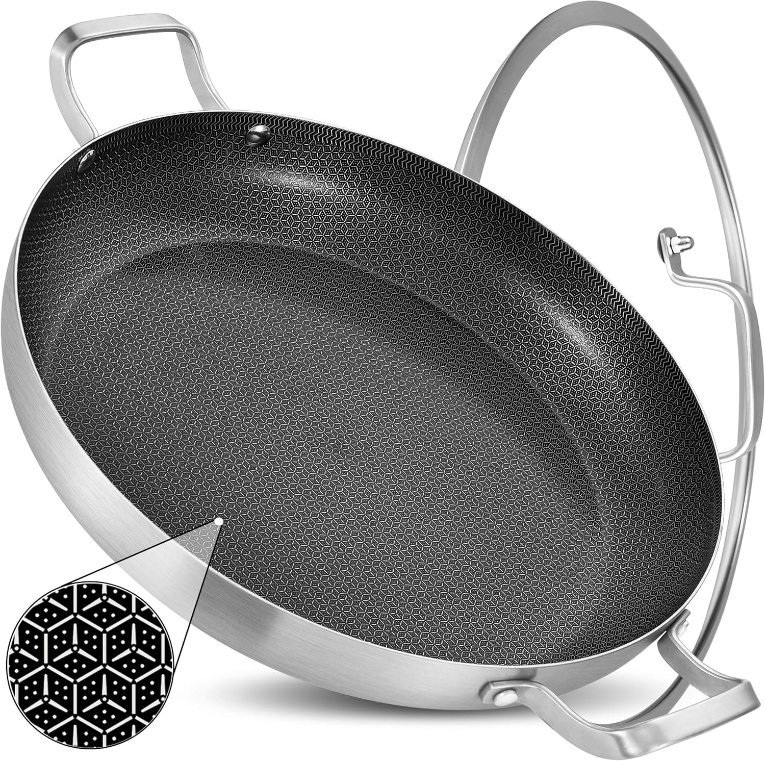 Inqibee 14 Inch Hybrid Nonstick Stainless Steel Paella Pan with Lid | 14 Inch For Family BBQ & Group Cooking, Tri-Ply Stainless Steel Skillet, Induction Compatible, Oven & Dishwasher Safe