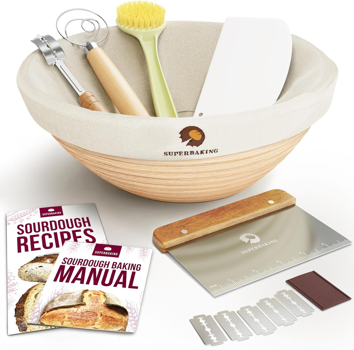 Superbaking Round 9 Inch Banneton Bread Proofing Basket | Sourdough Baking Supplies, Sourdough Starter Kit, Bread Making Tools, Gift Set