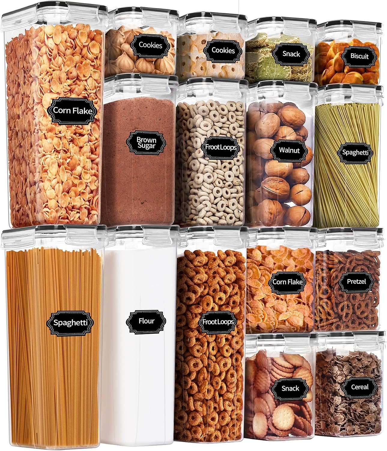 PRAKI Airtight Food Storage Containers Set, 16 Pcs BPA Free Plastic Dry Food Canisters for Kitchen Pantry Organization and Storage Ideal for Cereal, Flour & Sugar – Labels, Marker(Black)