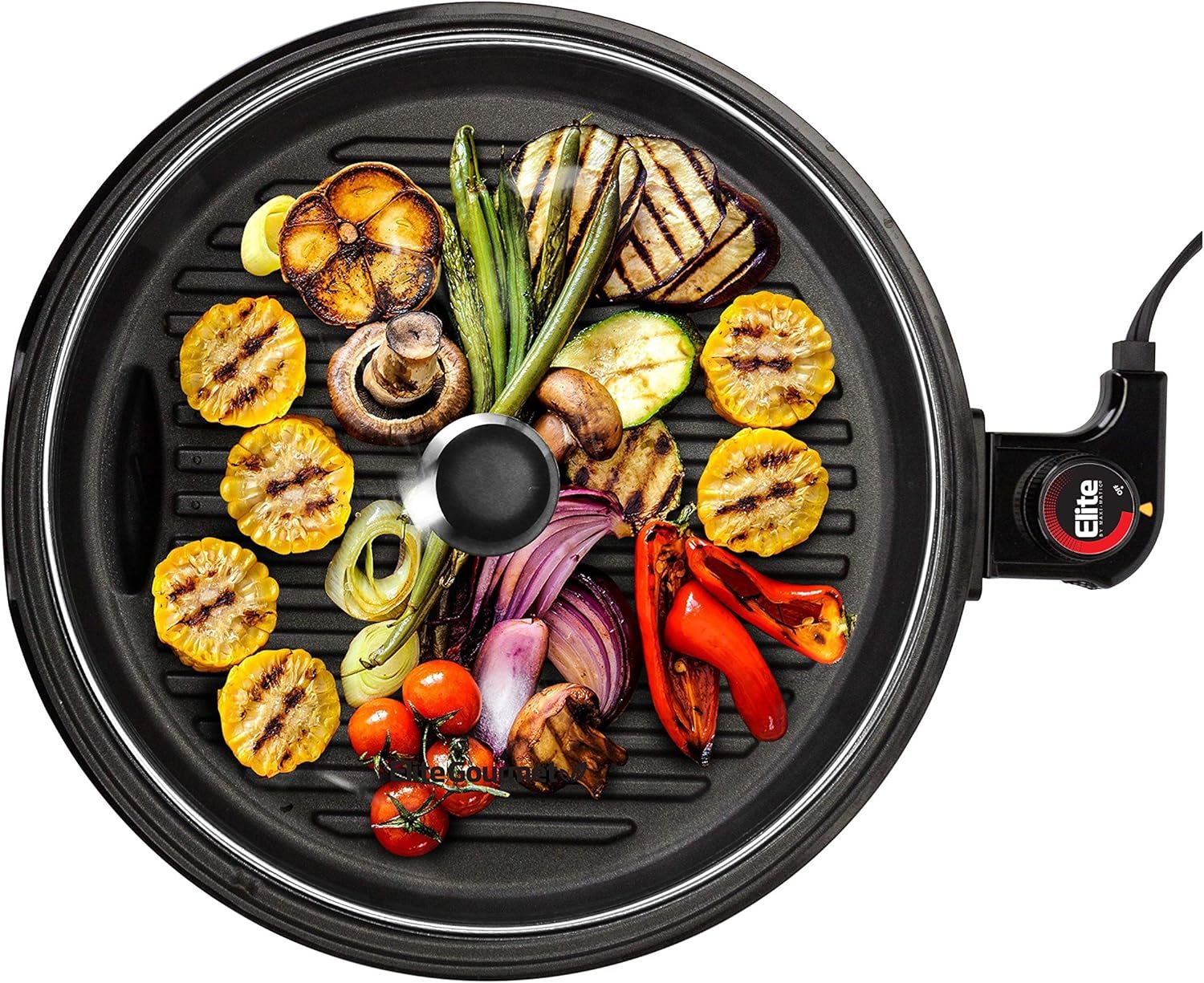 Elite Gourmet EMG6505G Indoor Electric BBQ Grill, Non-Stick, 12″ | Dishwasher-Safe with Glass Lid, Adjustable Temperature, Fast Heat-Up, Great for Low-Fat Meals, Easy to Clean