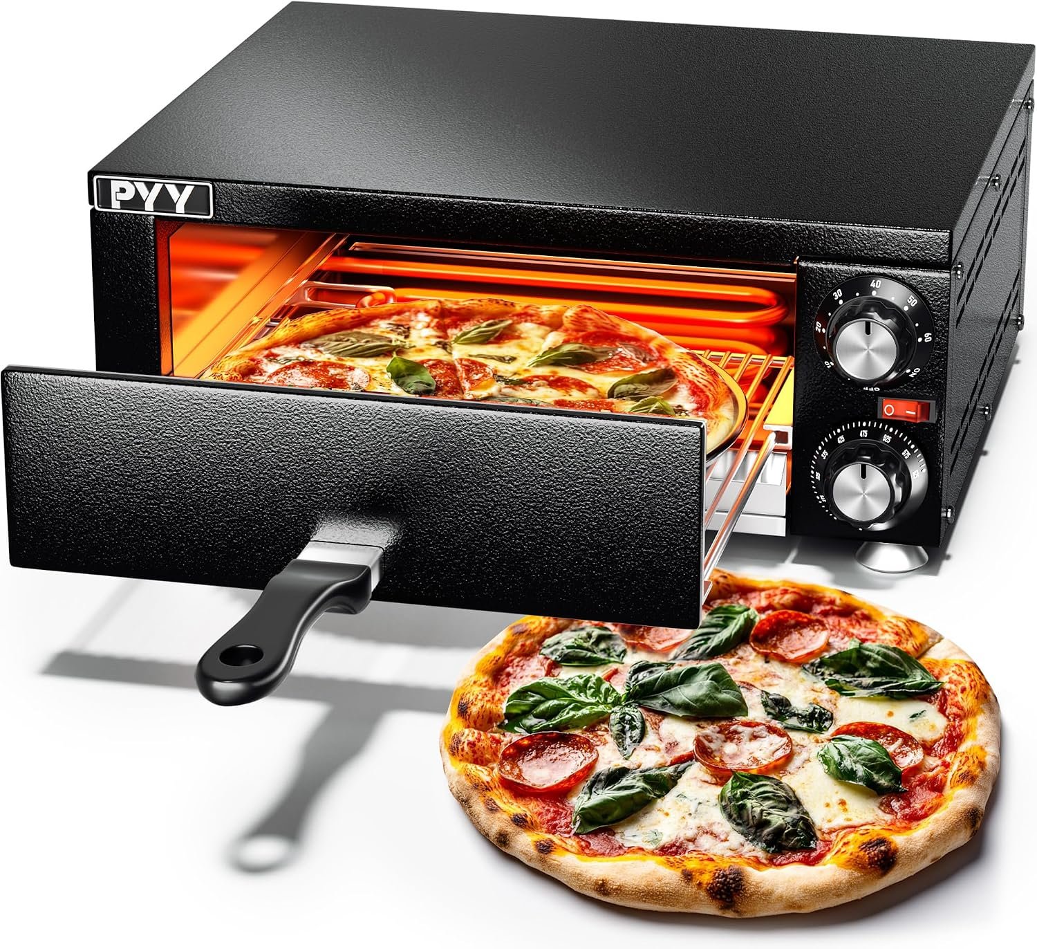 PYY Electric Pizza Oven Indoor Countertop Pizza Oven Commercial Pizza Maker Machine for Home with Timer Stainless Steel Pizza Cooker,Matte Black