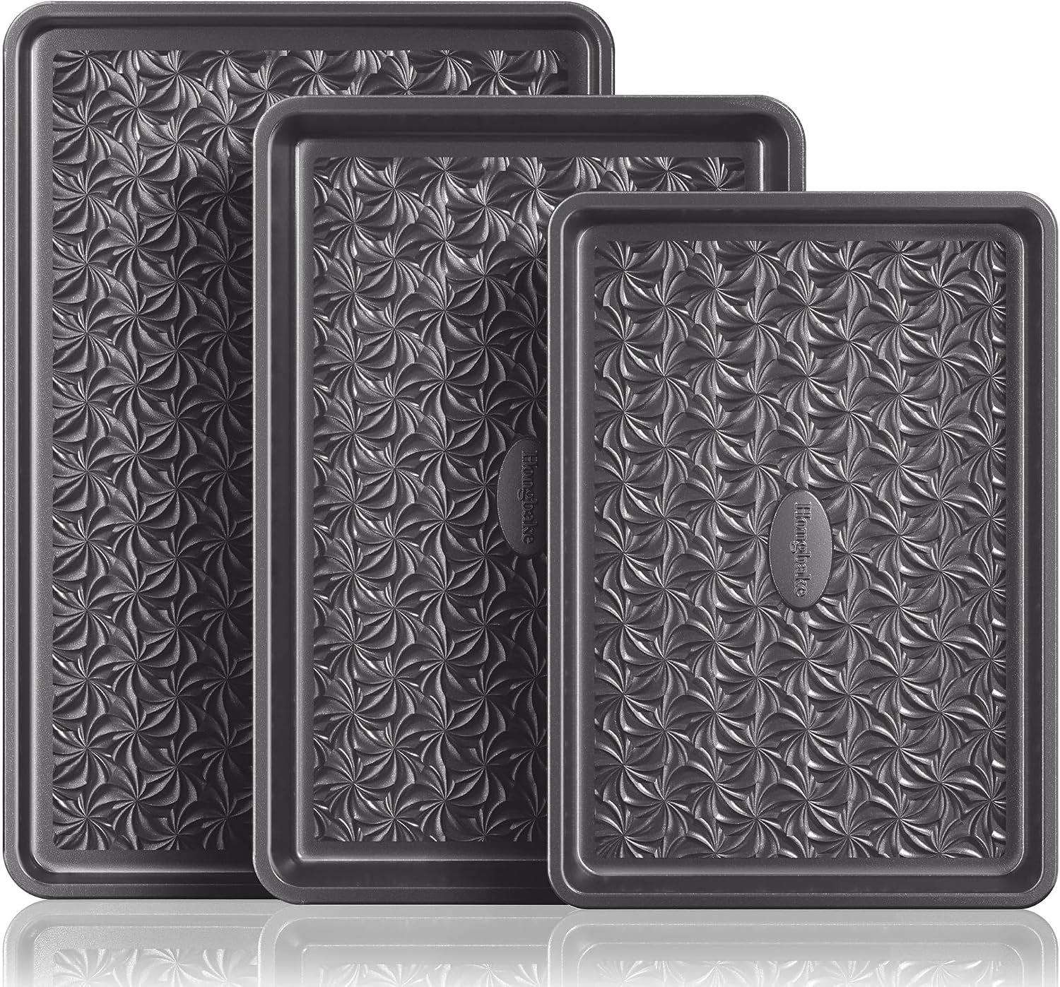Nonstick Baking Sheet Pan Set of 3, Cookie Sheets for Oven, Non-Toxic, Gray | Half, Quarter & Jelly Roll Pans, Floral Swirl Texture, Heavy-Duty 0.8mm Carbon Steel, Even Heat Distribution
