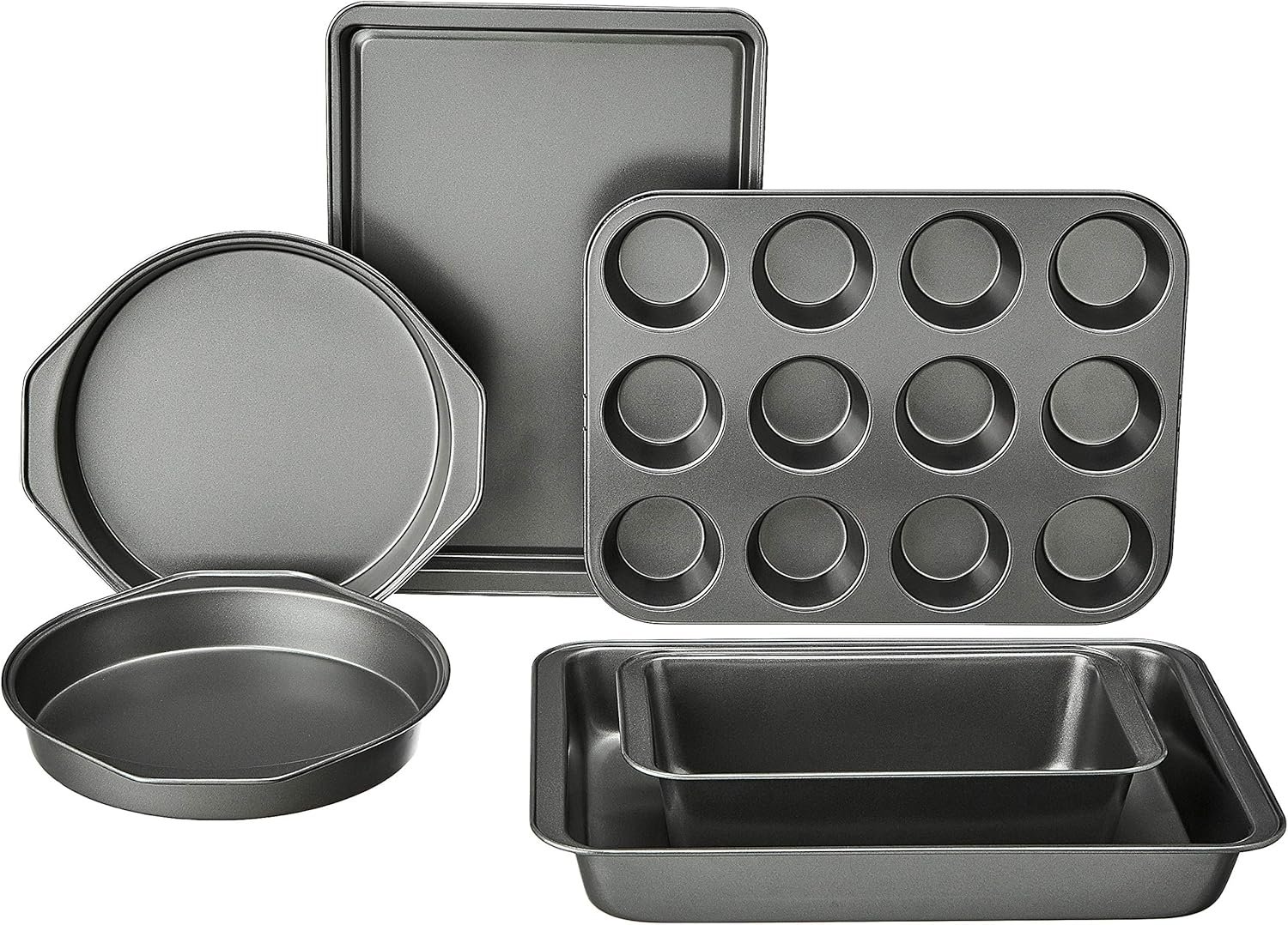 Amazon Basics 6 Piece Nonstick Carbon Steel Bakeware Set with Cake, Muffin, Cookie, and Loaf Pans, Easy Release, Oven Safe, 16.25 x 11.75 x 6.25 inches