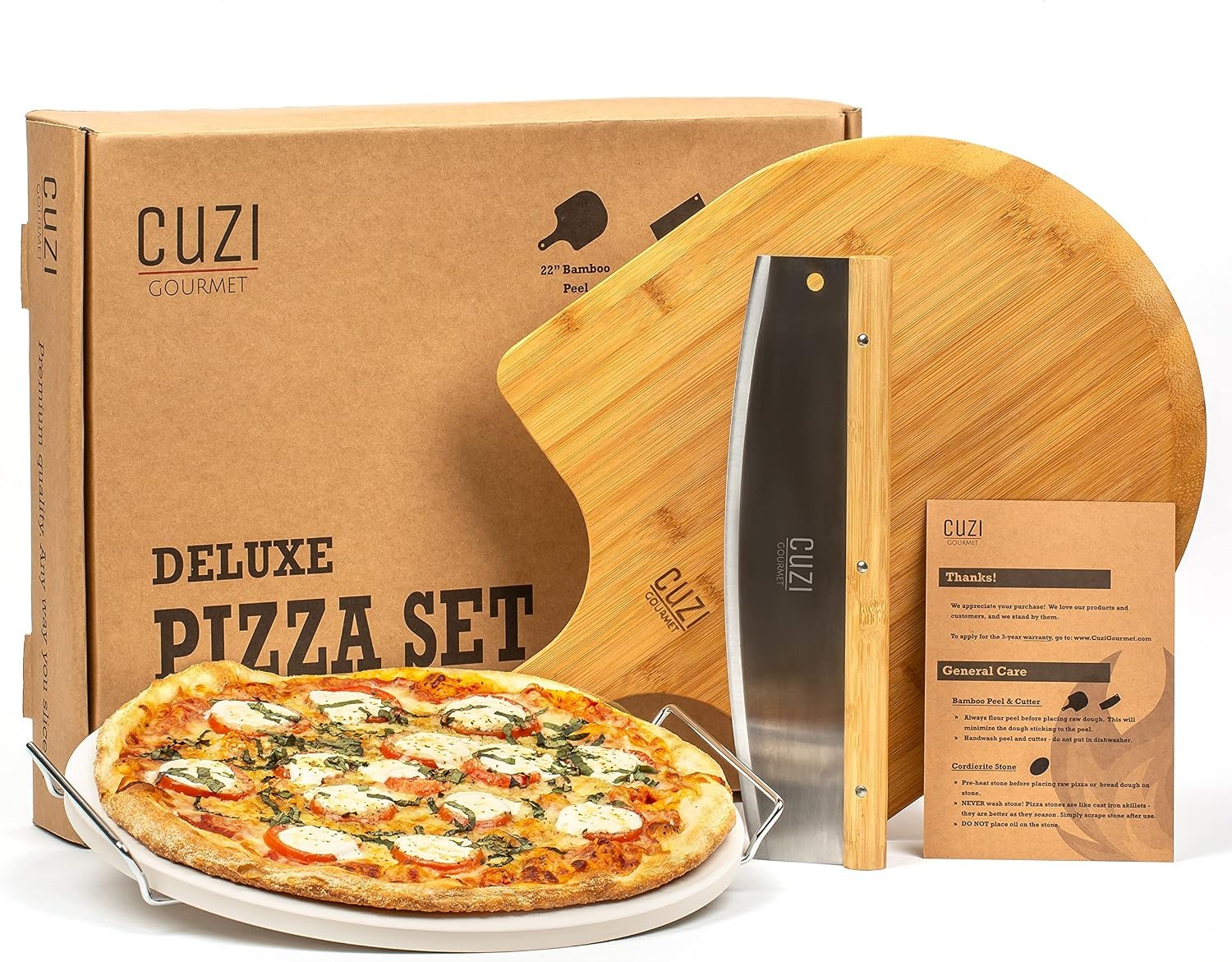 4-Piece Large Pizza Stone Set – 13″ Thermal Shock Resistant Cordierite Pizza Stone with Handle Rack, 19″ Natural Bamboo Pizza Peel & Pizza Cutter – Large Baking Stone for Grill and Oven