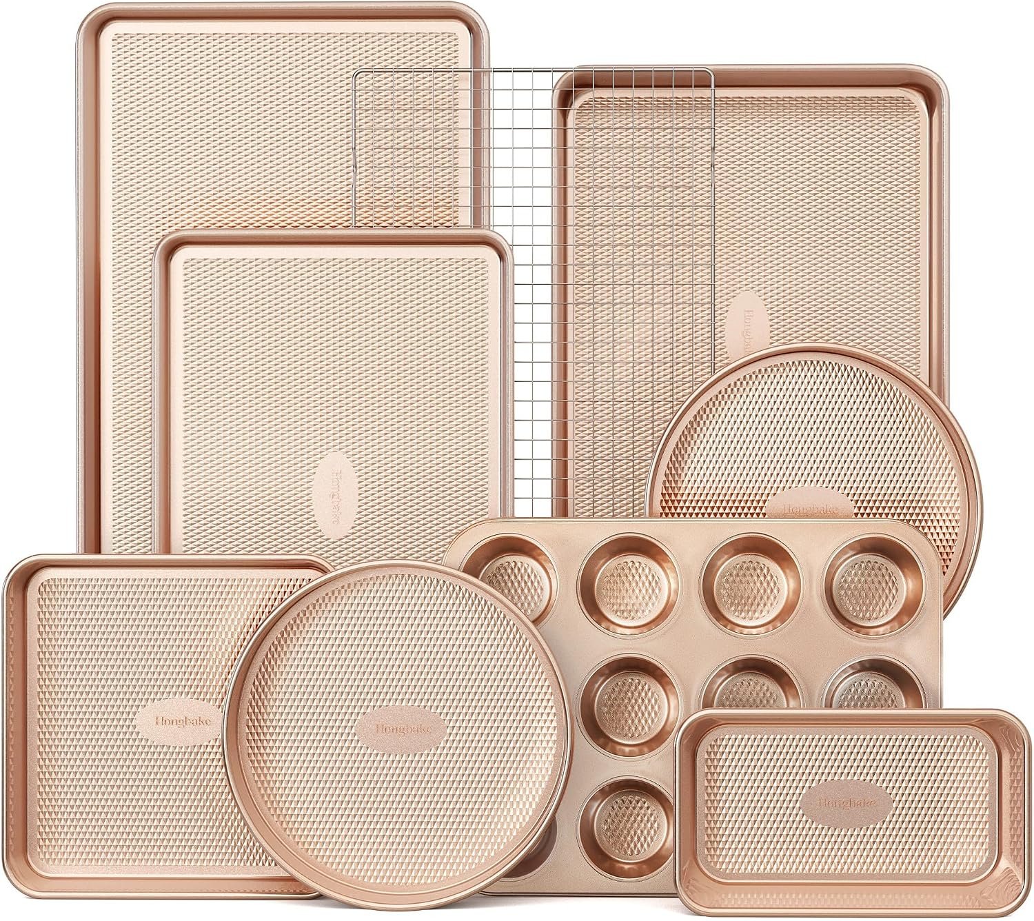 9-Piece Baking Pans Set Nonstick, Stackable Non Toxic Bakeware Sets with Diamond Texture, Oven Pan Set for Cooking, Includes Cookie Sheet with Rack, Cake Pan, Roasting Pan, Muffin Tin, Gold