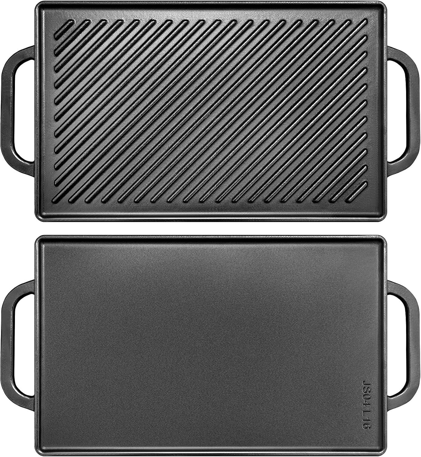 GGC Cast Iron Reversible Griddle | Double Sided Griddle Pan Perfect for Gas Grills and Stove Tops, 13 x 8.25 Rectangular Baking Flat and Ribbed Griddle Plate