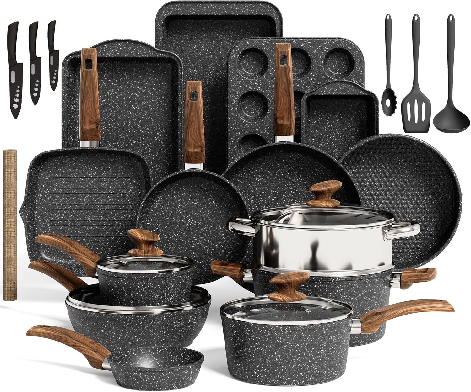 Kitchen Academy Induction Cookware & Bakeware Set, 30pcs Pots and Pans Set | Nonstick Kitchen Cookware Sets, Granite Cooking Pan and Pot Set, All-Stovetop Compatible, PFOS/PFOA-free, Black