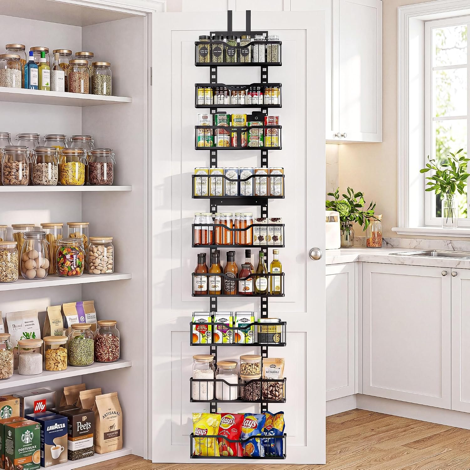 EVERIE Over the Door Pantry Organizer, 9-Tier Heavy Duty Door Storage Rack with Solid Bottom Baskets, Stable No-Bumping Design, Adjustable Hanging Shelves for Kitchen Pantry