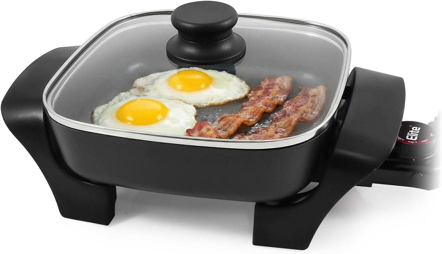 Elite Gourmet 2.5Qt Compact Nonstick Electric Skillet, 8″x8″, 600W