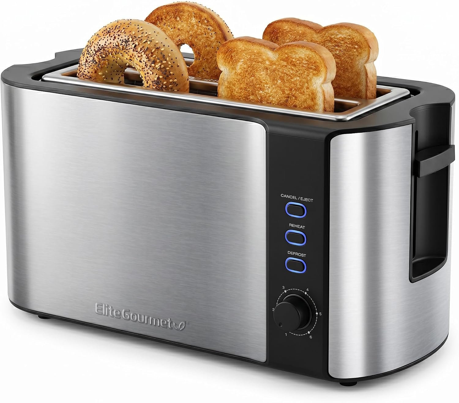 Elite Gourmet 4-Slice Long Slot Toaster, Extra-Wide Slots, 6 Browning